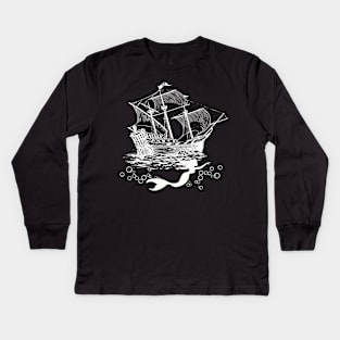 Mermaid and Galleon Ship Kids Long Sleeve T-Shirt